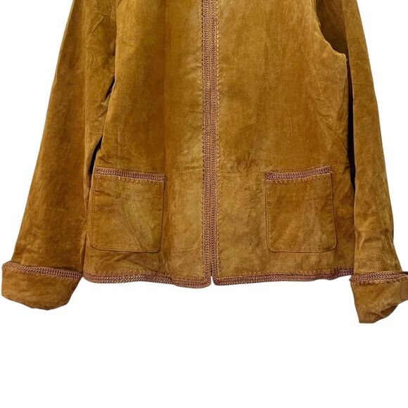 Christopher & Banks Cognac Suede Leather Jacket Size XL Zip Front Crochet Trim - Picture 8 of 14